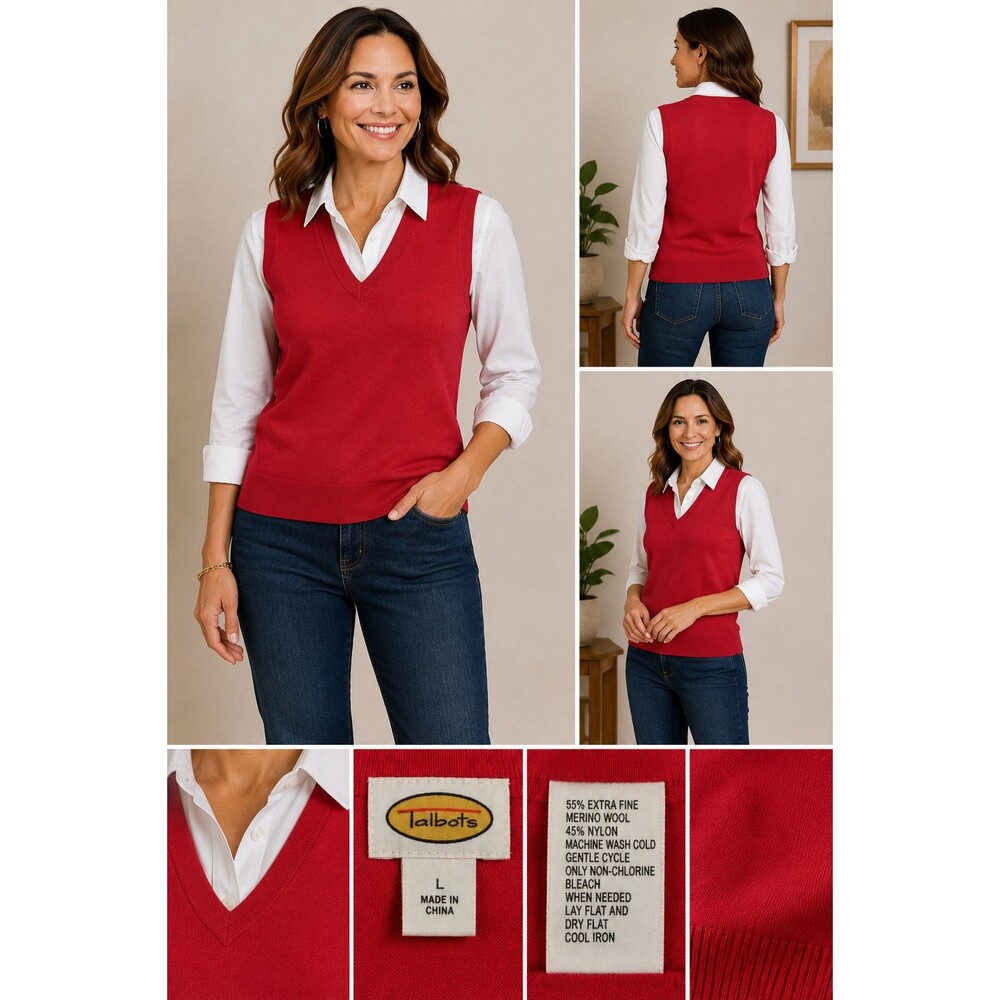 Vintage Talbots Red Sweater Vest Womens L Merino Wool V-Neck Layering Classic